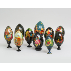 Dekoracyjne jajka z podstawkami drewniane malowane Rosja XXw Nr N33