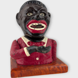 Skarbonka figura USA pocz. XXw metal na desce antyk!!! Nr o78