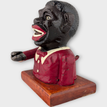 Skarbonka figura USA pocz. XXw metal na desce antyk!!! Nr o78